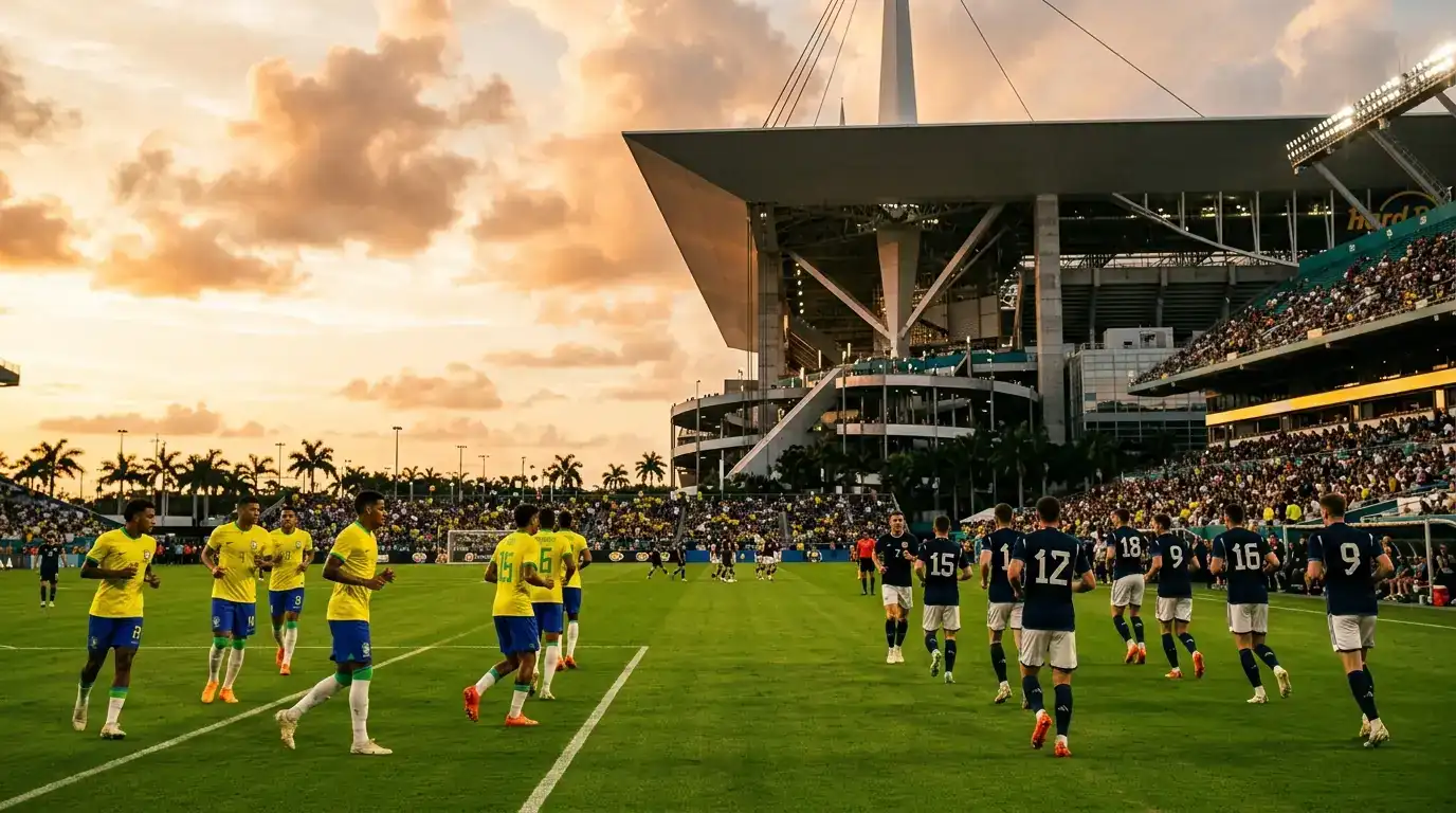 Schottische und brasilianische Nationalspieler im Hard Rock Stadium Miami Gardens vor dem entscheidenden WM-Spiel der Gruppe C