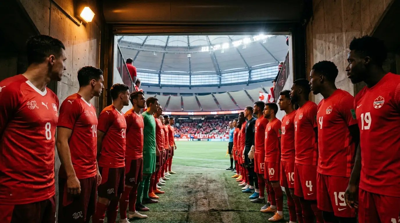 Spieler der Schweizer Nati und der kanadischen Nationalmannschaft Hand in Hand vor Anstoss im BC Place Vancouver