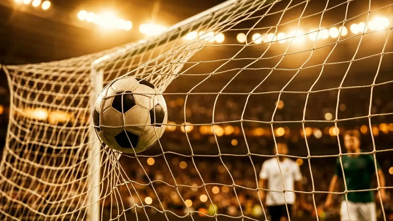 Fussball im Tornetz bei Flutlicht als Sinnbild für das Torjäger-Rennen der WM 2026