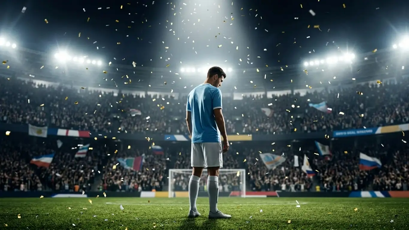 Ein volles, hell erleuchtetes Stadion vor dem WM-Finale 2026, eine einzelne Spielerfigur in Hellblau-Weiss im Mittelpunkt
